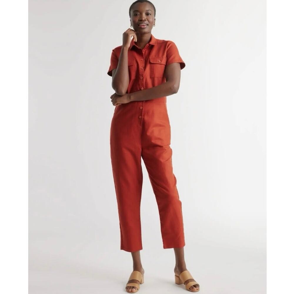 NWT QUINCE Women’s XL Cotton Linen Twill Coverall Jumpsuit Short Sleeve Rust Red
